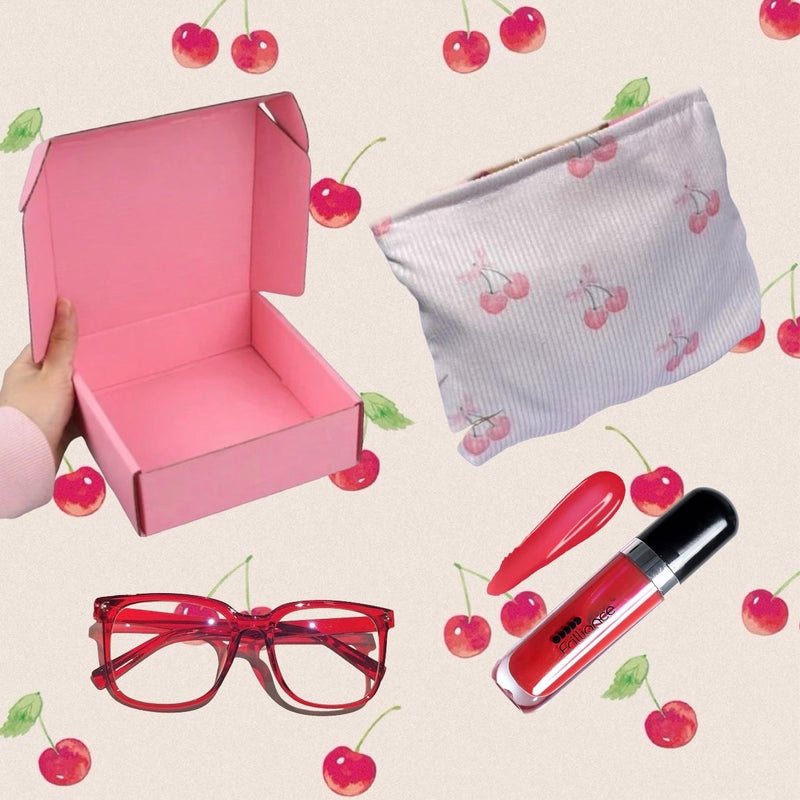 Cherry X Frilliance 🍒 makeup bag, red blue light glasses & cherry glaze lip gloss