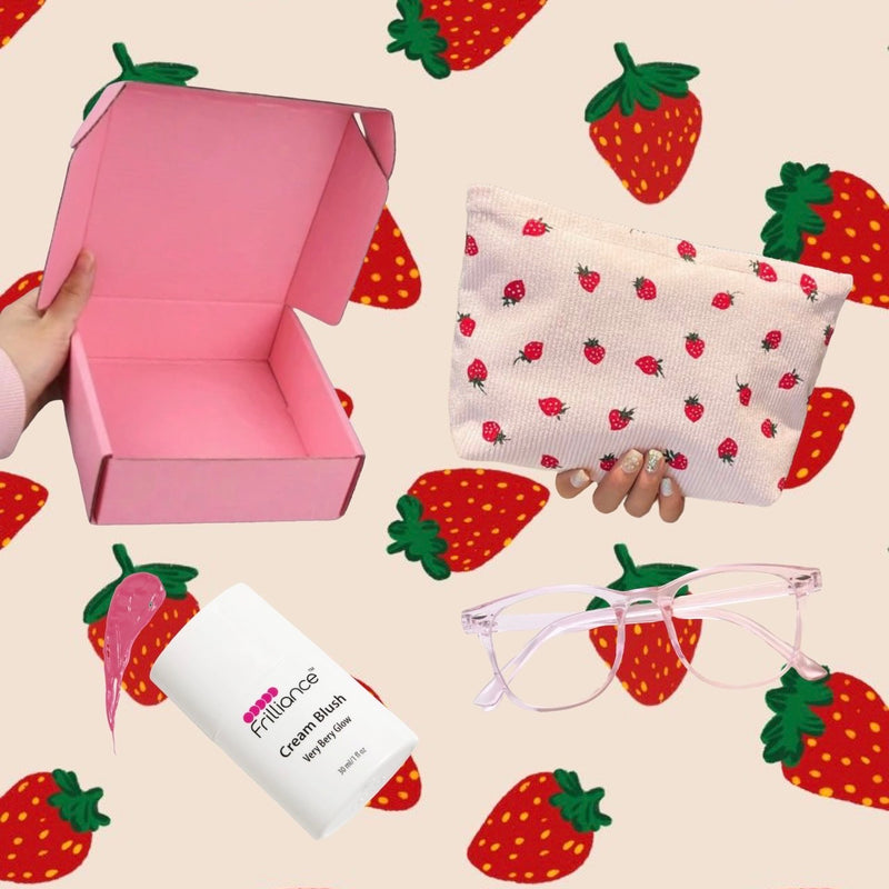 Strawberry X Frilliance 🍓makeup bag, pink blue light glasses & very berry cream blush